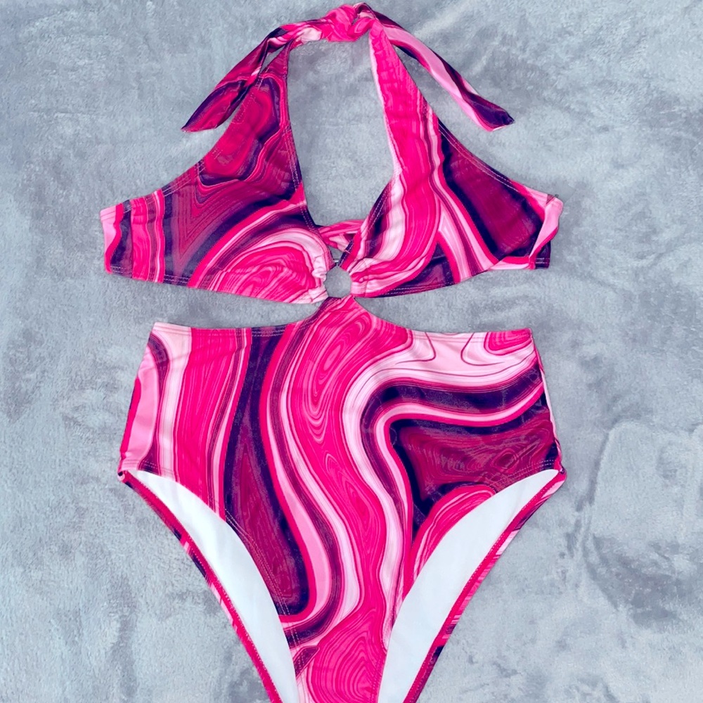 Abstract fluid pattern halter one piece swimsuit